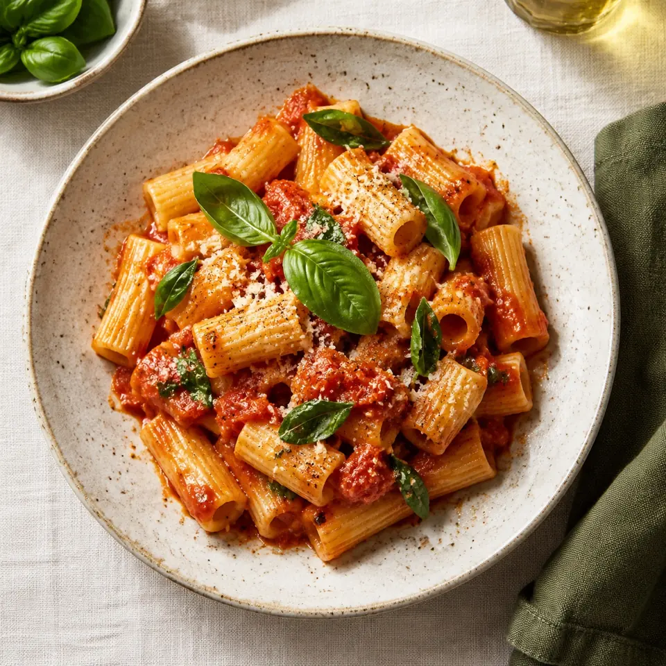 Illustrative bowl of tomato rigatoni with basil for a restaurant email concept